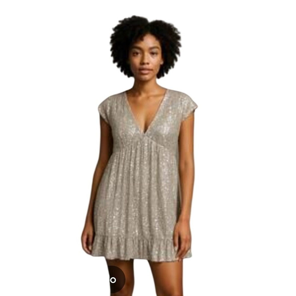 M by MNK Champagne Gold Sequin Empire Waist Mini Dress V-Neck Ruffle Trim Medium